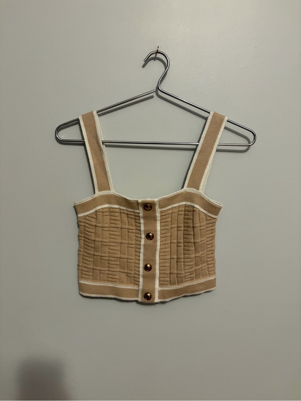 Beige Button-Front Cropped Knit Tank